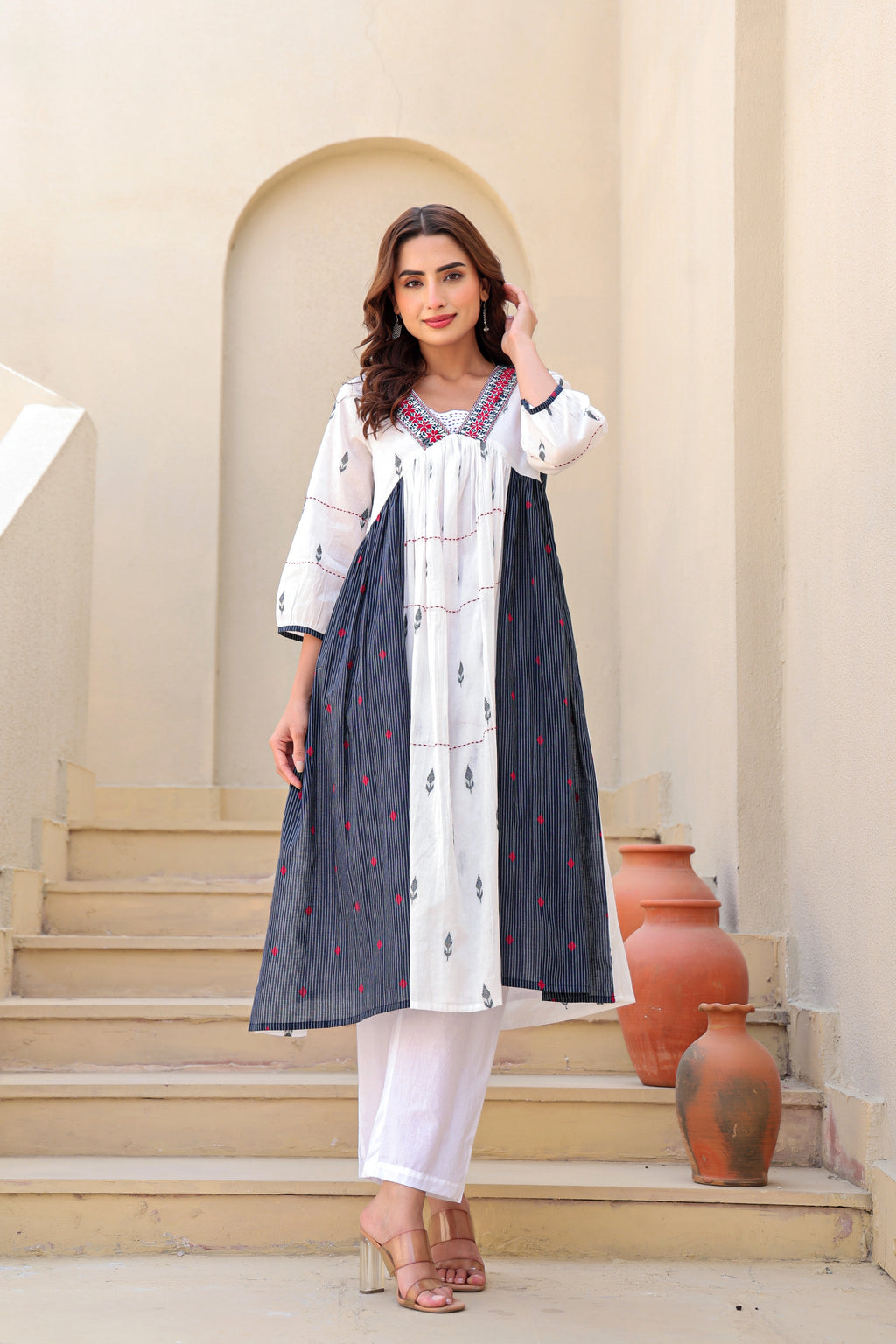 White & Indigo Aline Kurta Pent Set