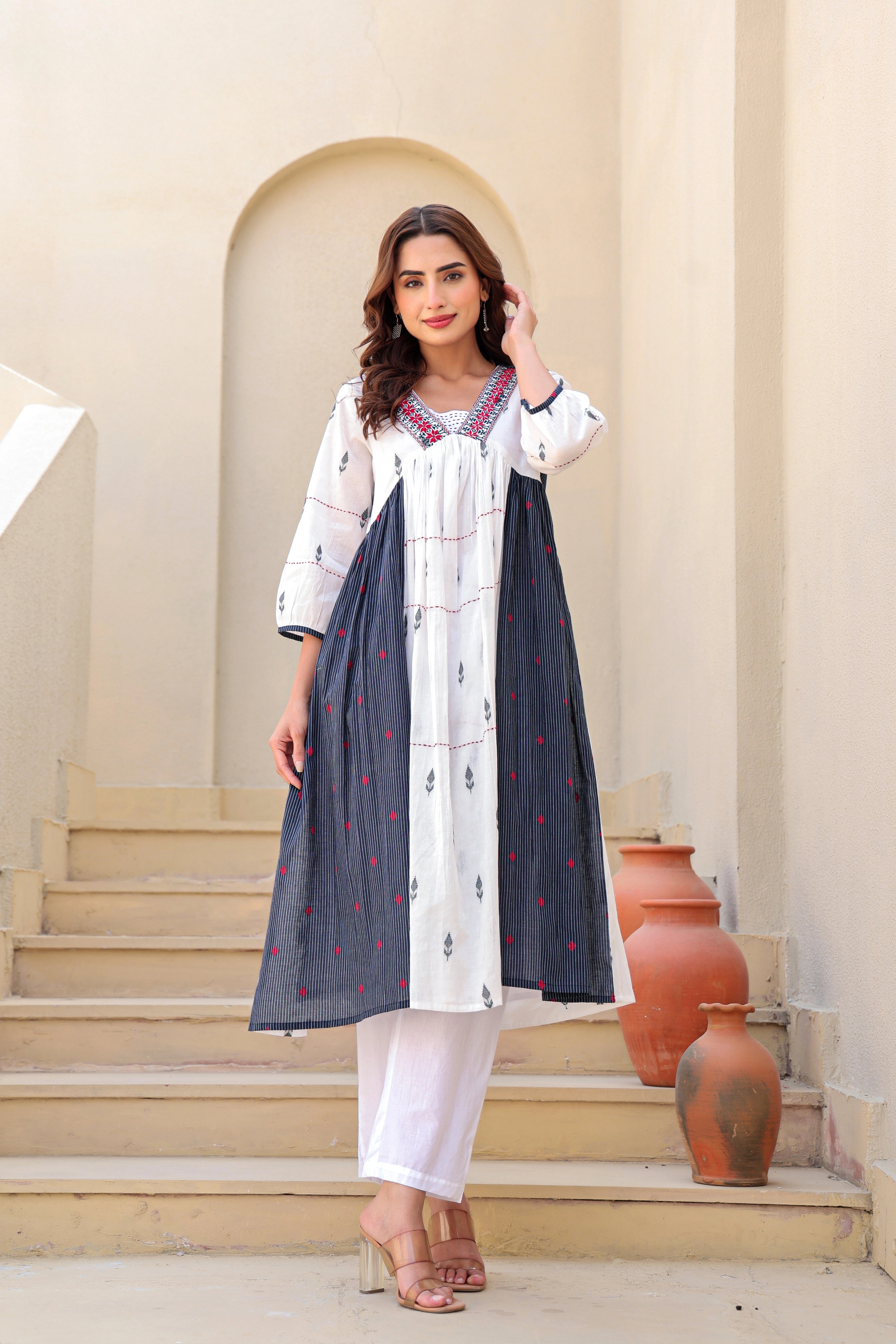 White & Indigo Aline Kurta Pent Set