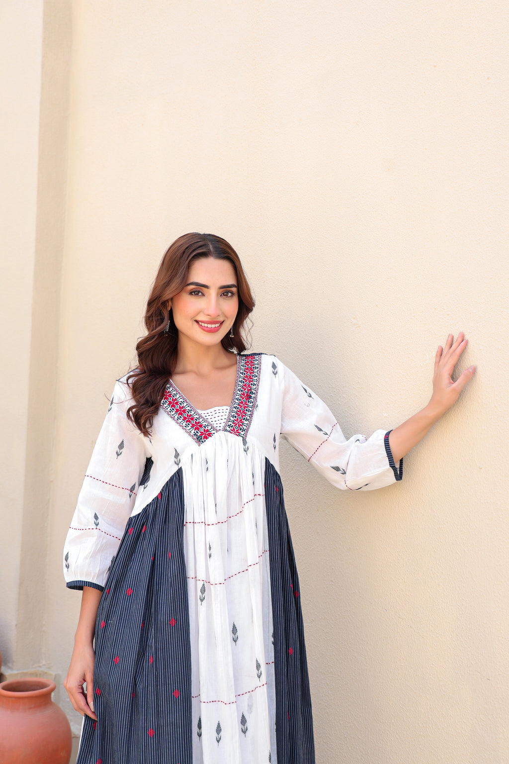 White & Indigo Aline Kurta Pent Set