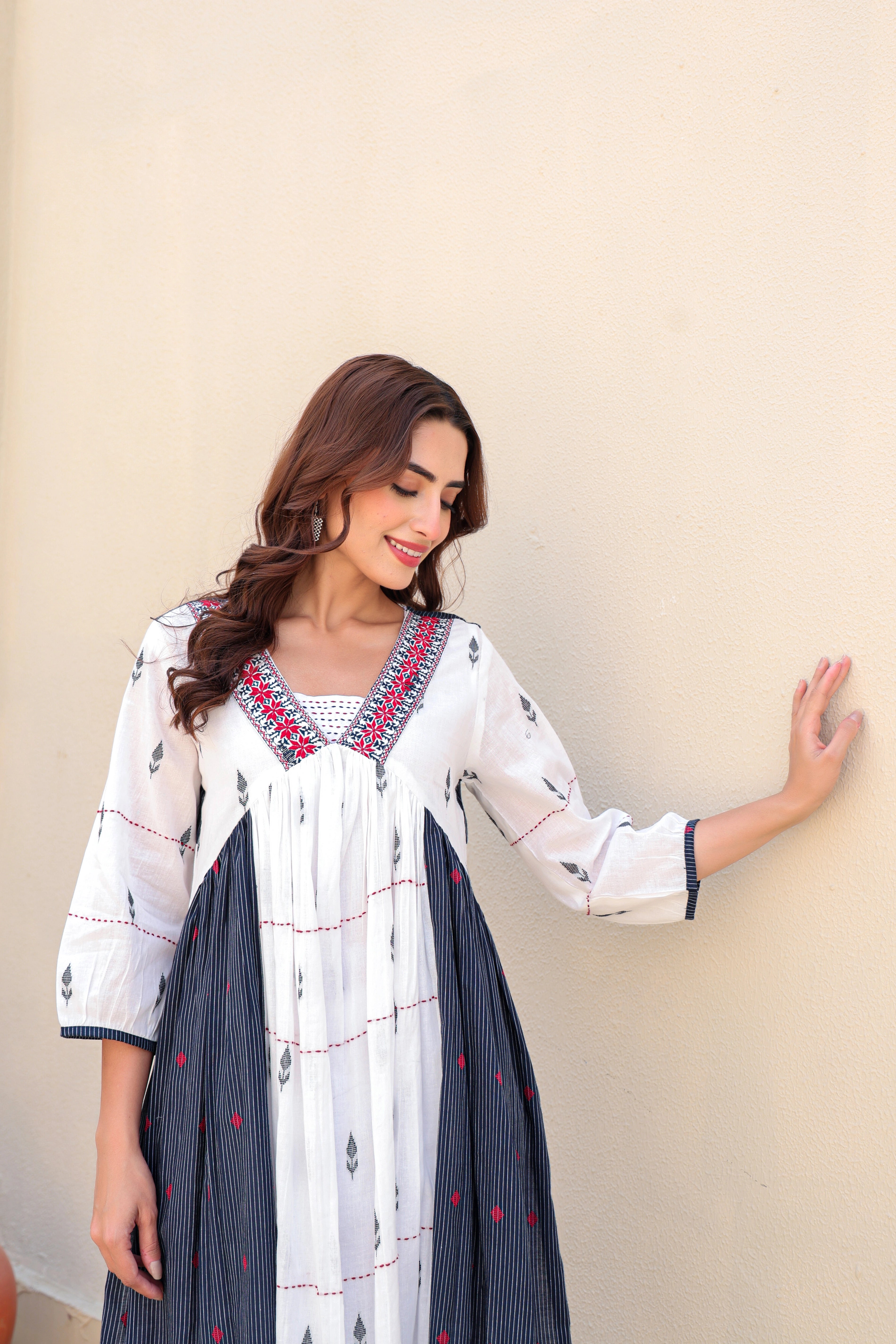 White & Indigo Aline Kurta Pent Set