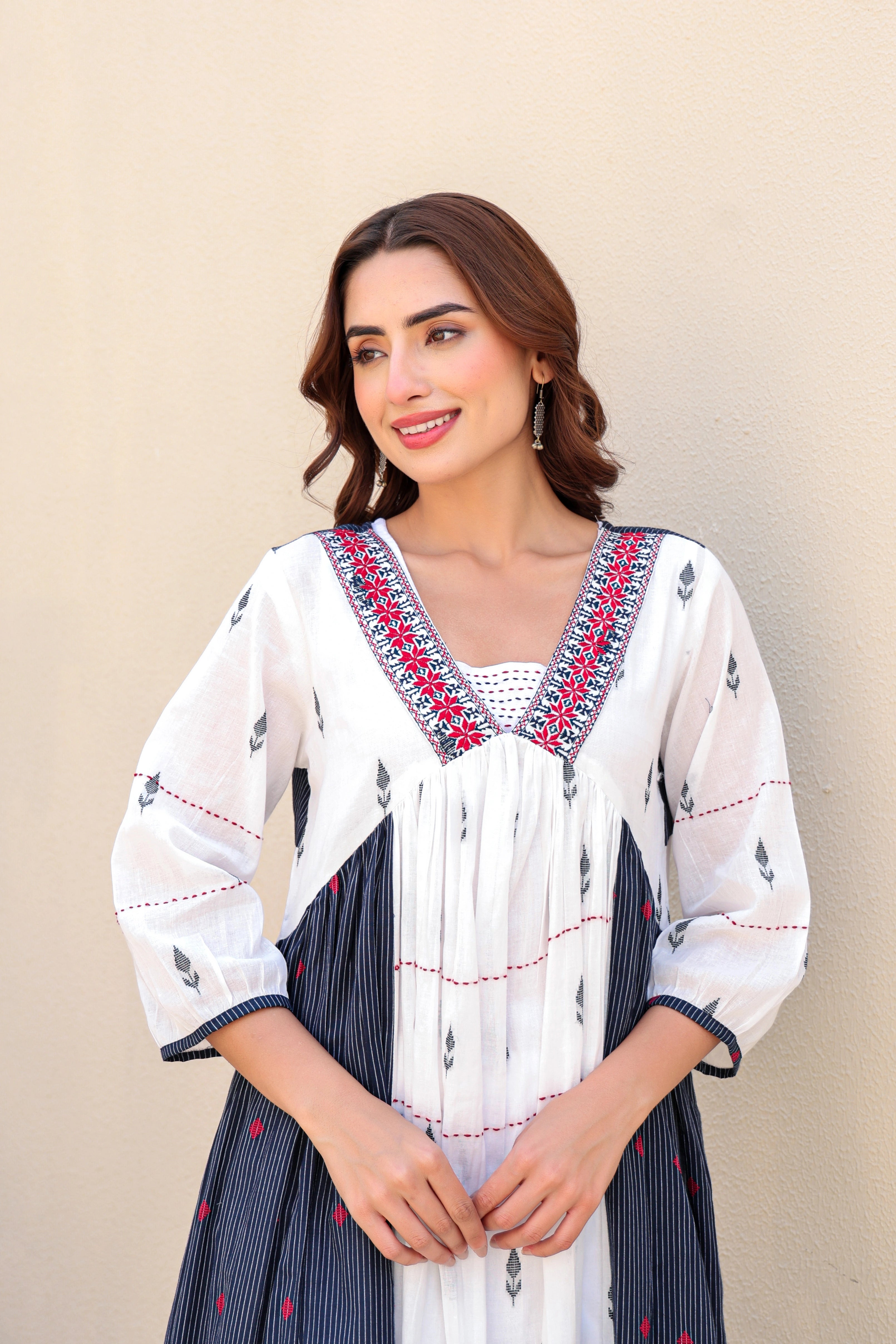 White & Indigo Aline Kurta Pent Set