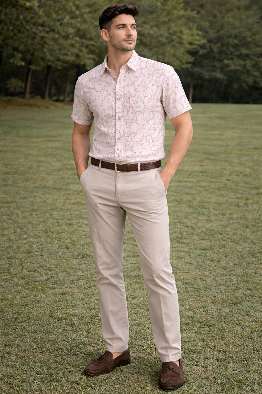 White Bunny Print Cotton Regular Fit Casual Shirt (Half Sleeves)