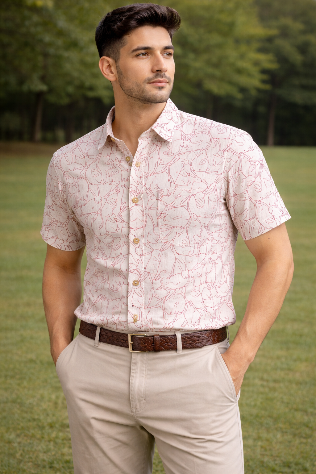 White Bunny Print Cotton Regular Fit Casual Shirt (Half Sleeves)