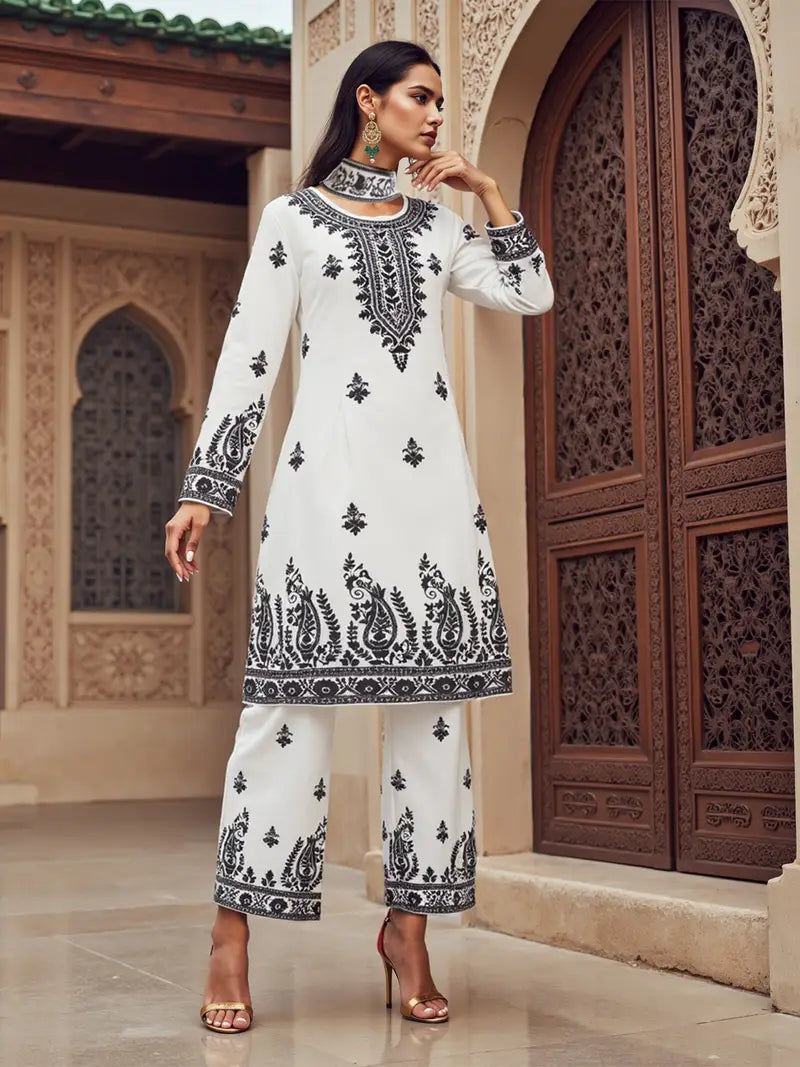 White Vintage Floral Print Two-Piece Set - Long Sleeve Abaya Dress with High Neckline & Pants