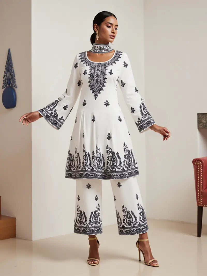 White Vintage Floral Print Two-Piece Set - Long Sleeve Abaya Dress with High Neckline & Pants