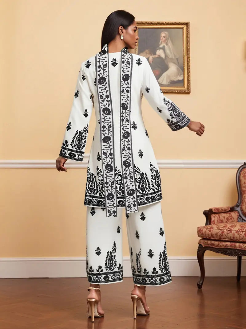 White Vintage Floral Print Two-Piece Set - Long Sleeve Abaya Dress with High Neckline & Pants