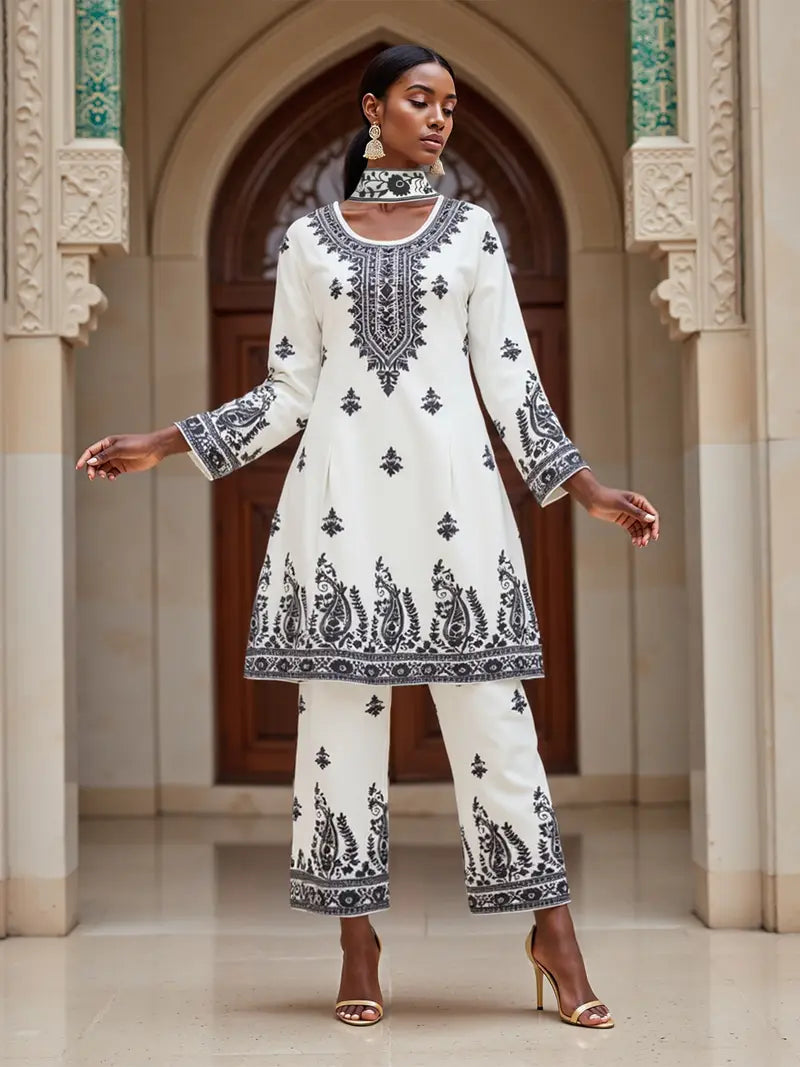 White Vintage Floral Print Two-Piece Set - Long Sleeve Abaya Dress with High Neckline & Pants