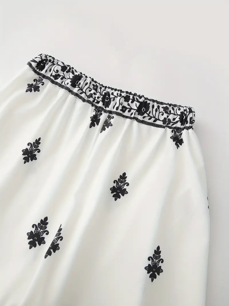 White Vintage Floral Print Two-Piece Set - Long Sleeve Abaya Dress with High Neckline & Pants