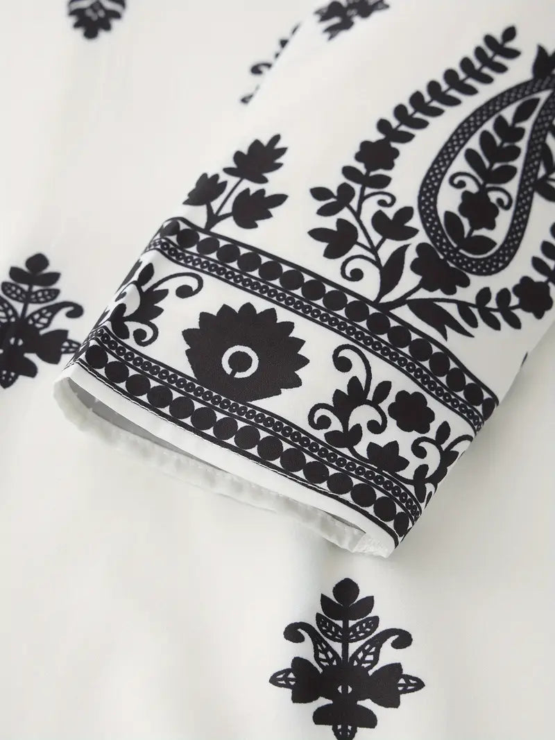 White Vintage Floral Print Two-Piece Set - Long Sleeve Abaya Dress with High Neckline & Pants