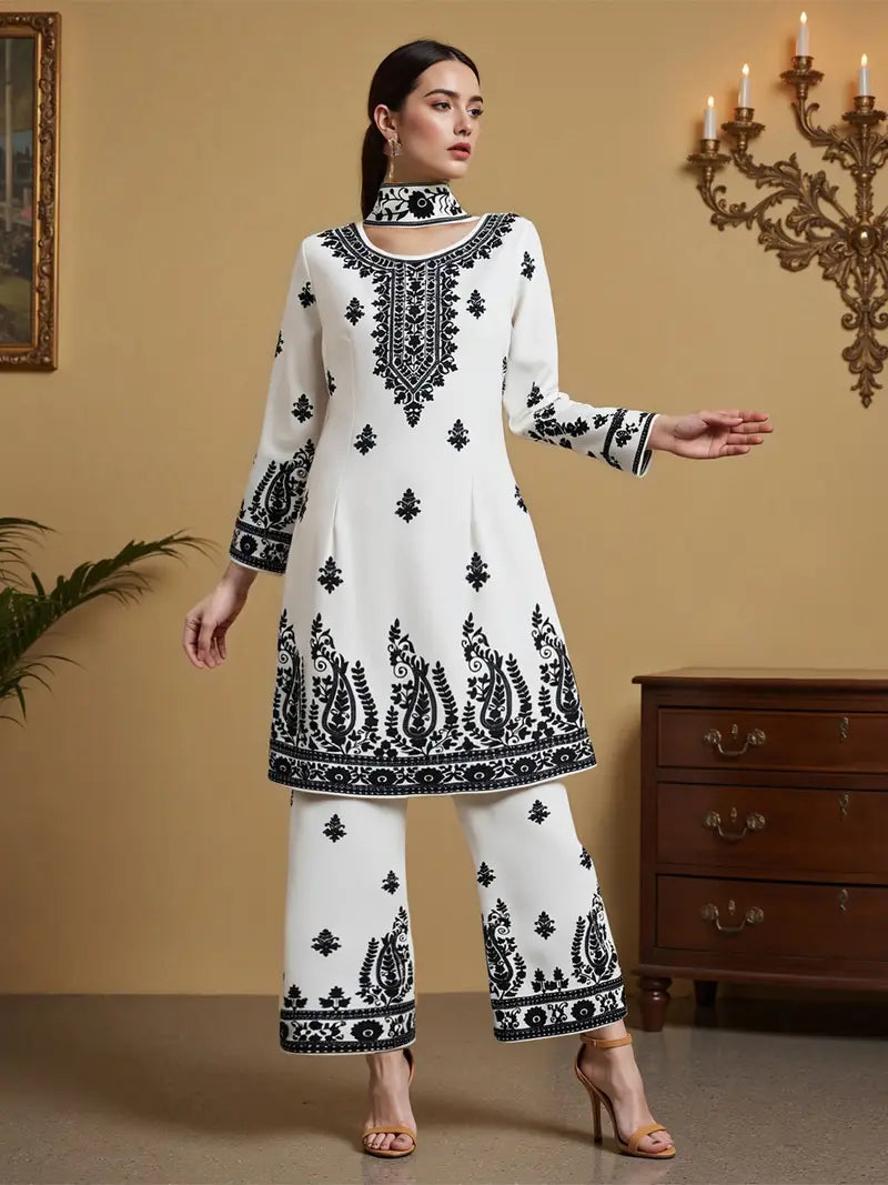 White Vintage Floral Print Two-Piece Set - Long Sleeve Abaya Dress with High Neckline & Pants
