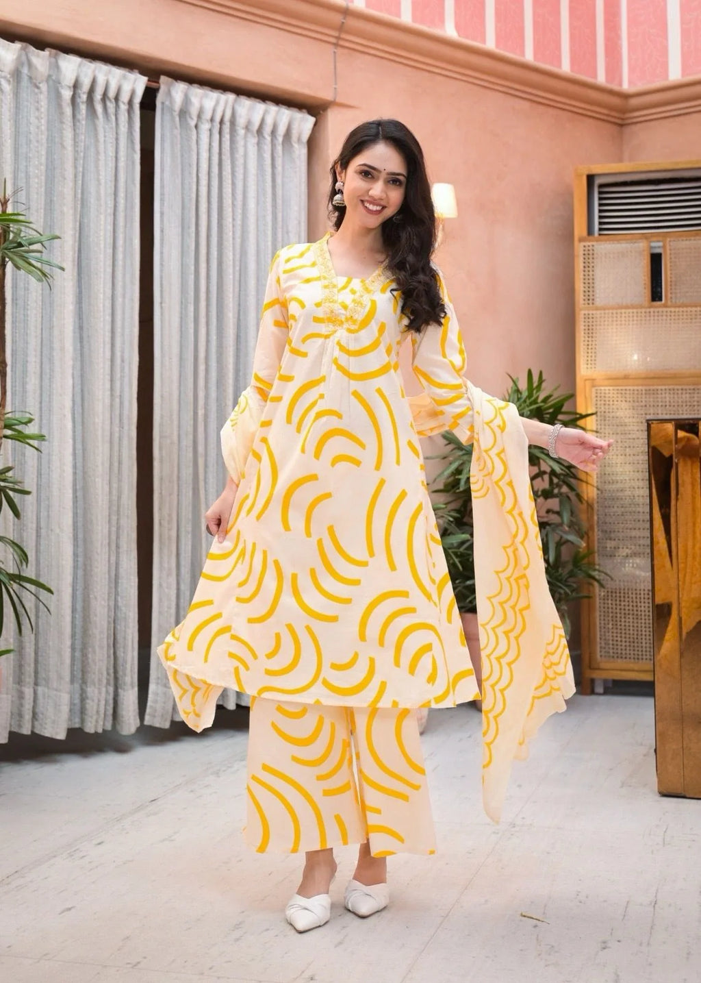 yellow printed dupatta  Set - casual festive wear